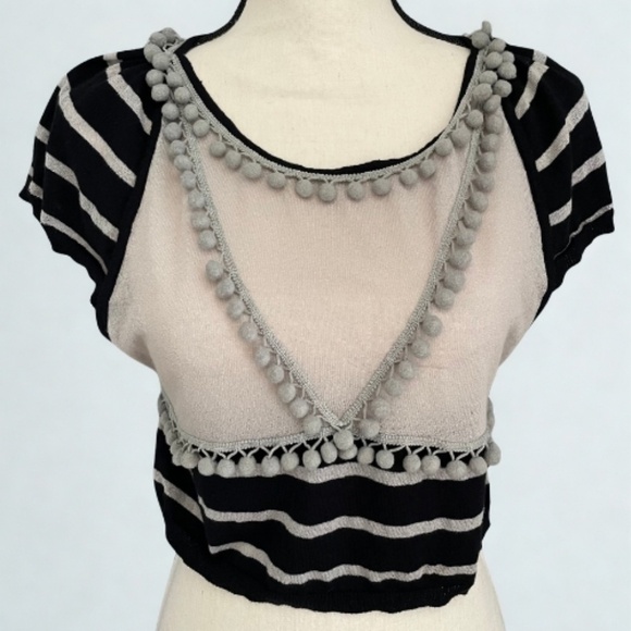Moth Anthropologie Pom Pom Trim Crop Top | Size S | Black & Gray Striped - Picture 1 of 5